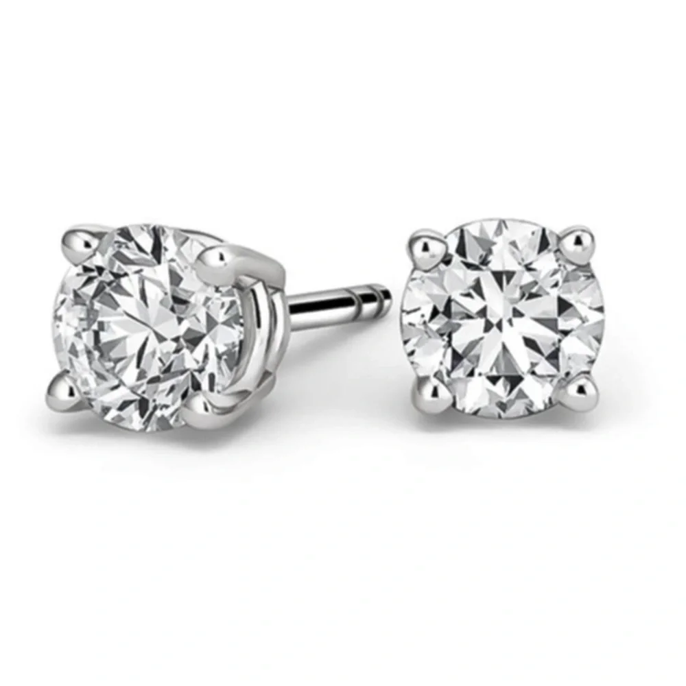 16k White Gold Round CZ Stud Earrings Unisex 1.5 Total Carat Weight
